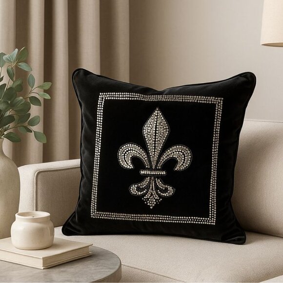Black Velvet Swarovski Crystal Fleur-de-Lis Pillow Cover 20x20 - Picture 3 of 5